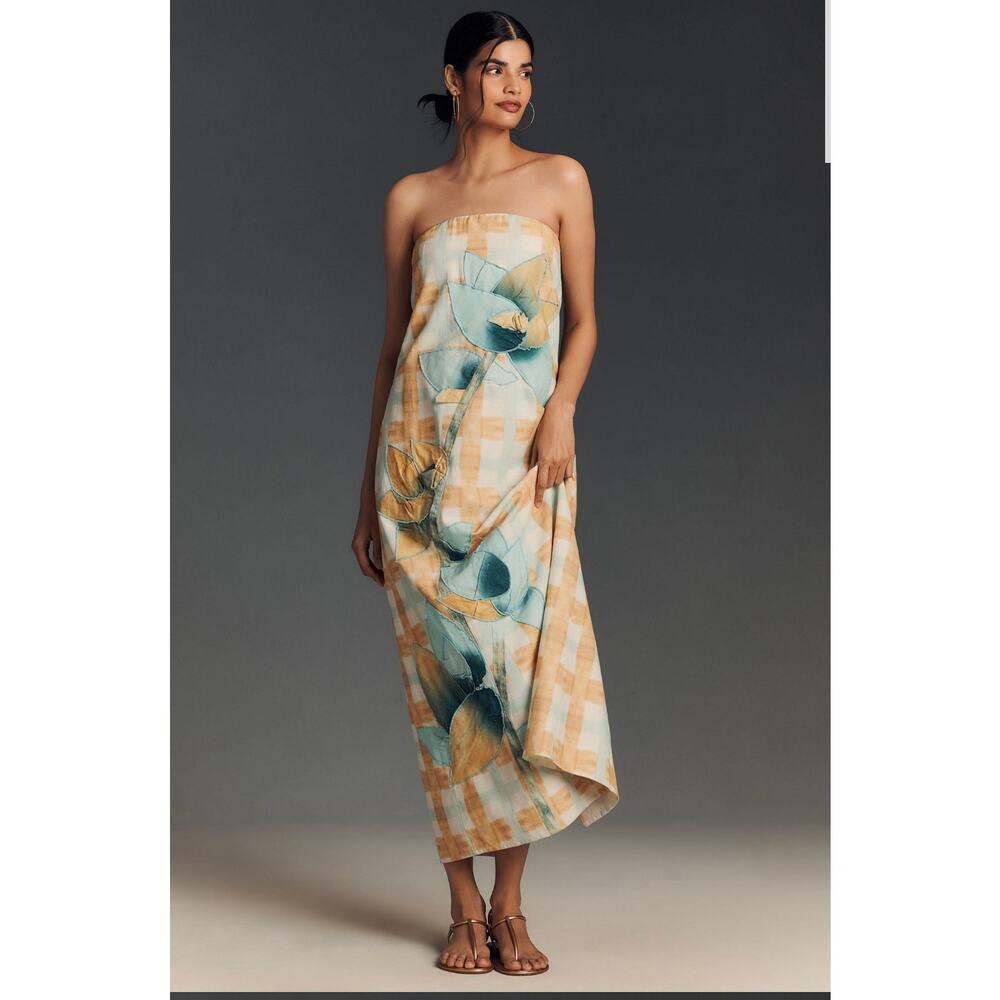 Anthropologie Strapless Linen Blend Floral Applique Dress. Size L. Ret $228